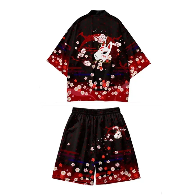 Haori yukata กางเกงขาสั้น2ชิ้นสำหรับฤดูร้อนเสื้อคาร์ดิแกนทรงหลวมสไตล์ญี่ปุ่นวินเทจเสื้อผ้าแนวสตรีทแวร์ลายดอกไม้ลายจิ้งจอก