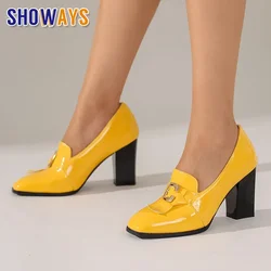 British Women's Pumps Square Toe High Block Heels Loafers Yellow Green Black Patent Leather Party Dress Lady Buckle Strap Shoes