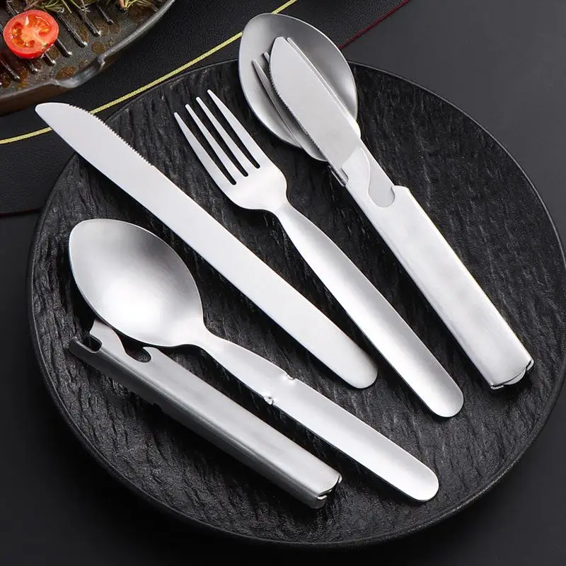 4Pcs/Set Portable Stainless Steel Outdoor Camping Knife Fork Spoon Combo Cutlery Set Dinnerware Camping Cooking Flatware
