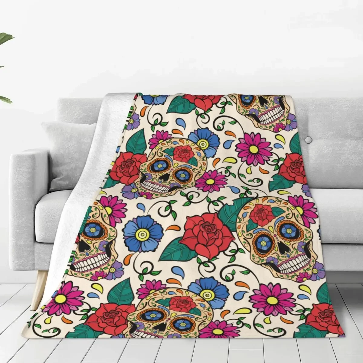 

Sugar Skull Rose Mexican Skeleton Blanket Fleece Decoration Day of the Dead Halloween Throw Blanket for Bedding Travel Rug Piece