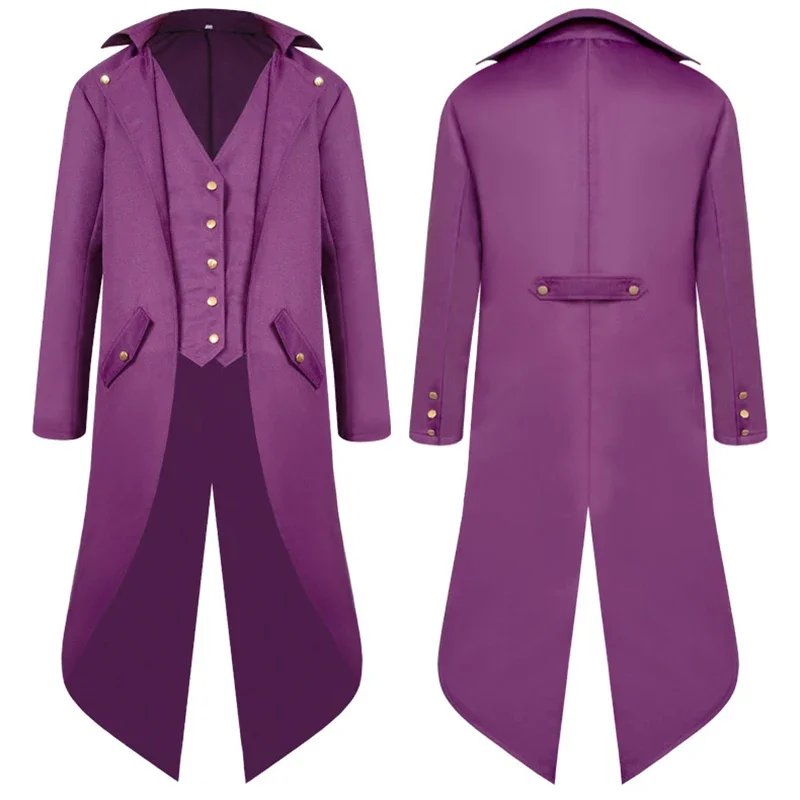 Medieval Joker Cosplay Costume Punk Retro Tuxedo Men Purple Coat Trench Halloween Party Dress Up Clothes