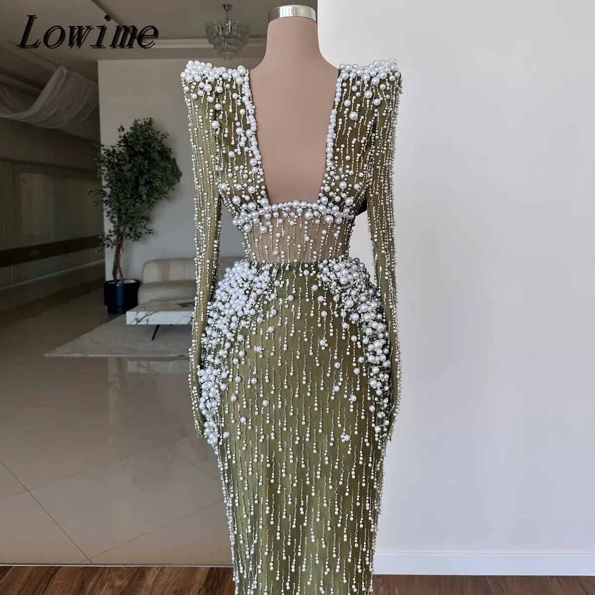 

Sexy Dark Green Deep V-Neck Mermaid Evening Dress With Full White Pearls Long Sleeve Floor Length Prom Party Gown Customized