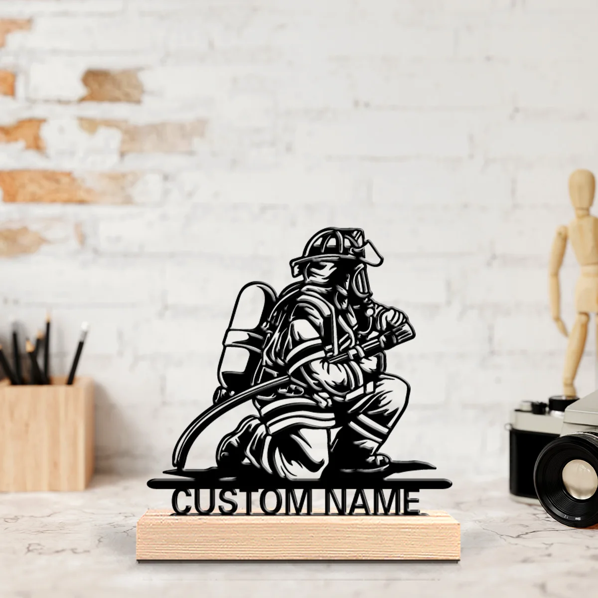 1pc Stylish Personalized Custom Fireman Metal Statue Metal Art With Wooden Base  Suitable As A Gift For Professional Male Themed