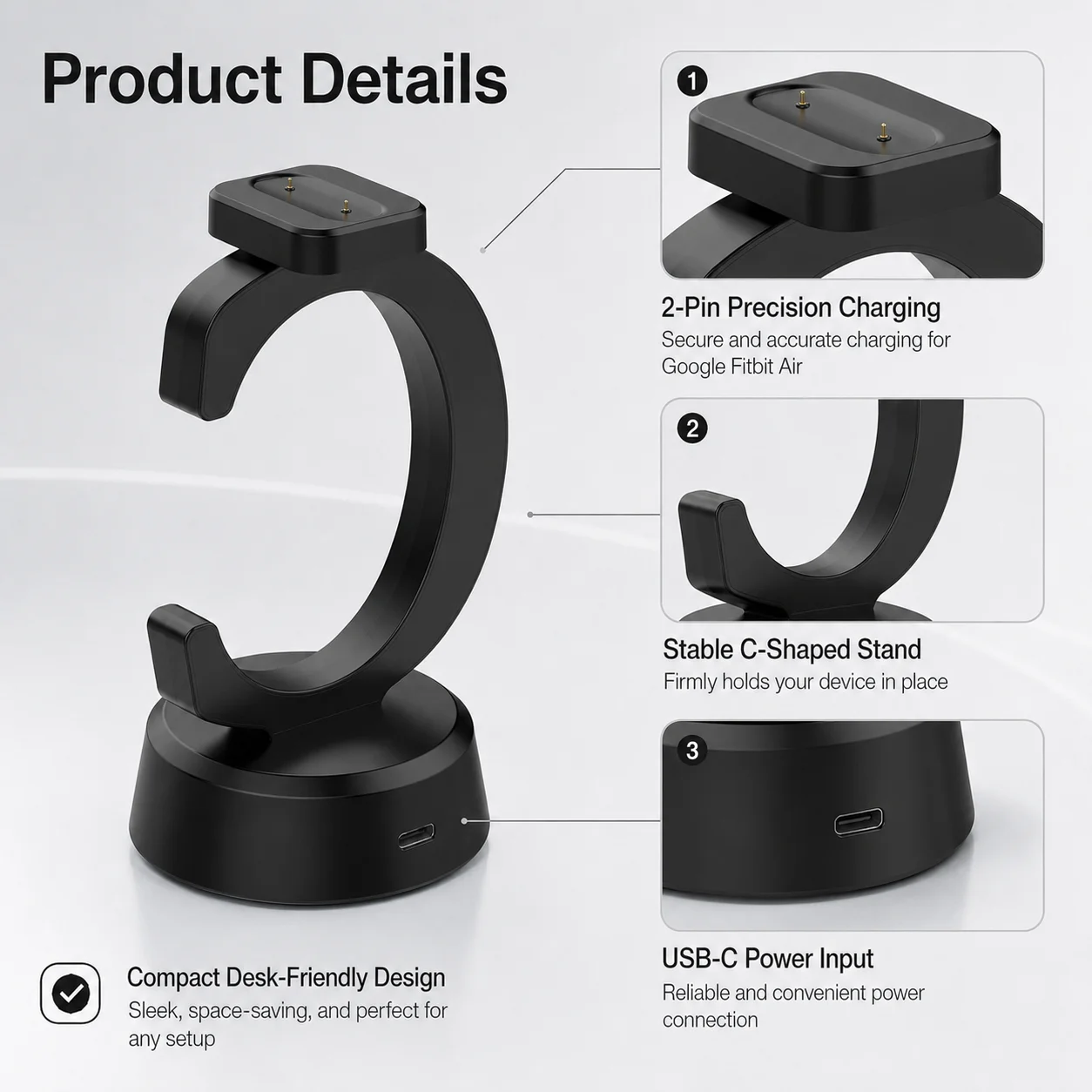 Charging Dock for Google Fitbit Air C-Shaped Charger Stand 2-Pin Charging Cradle USB Replacement Charger Base with Cable