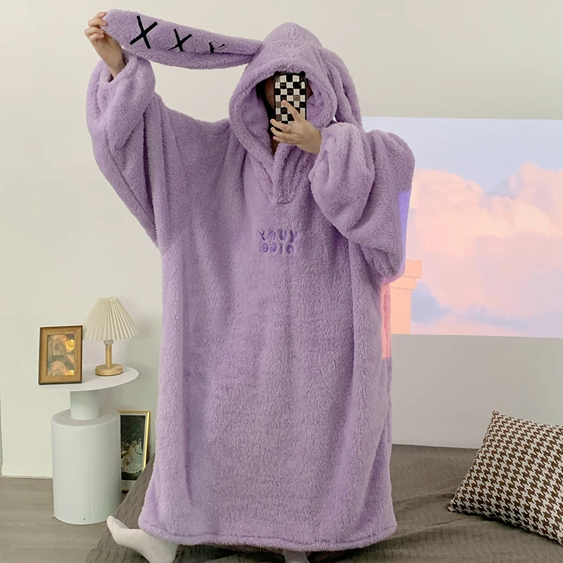 Women\'s Velvet Nightgown Pajamas Winter Hoodie Dress Up Party Funny Robe Sleeping Homewear Cartoon Long Eared Rabbit Loose