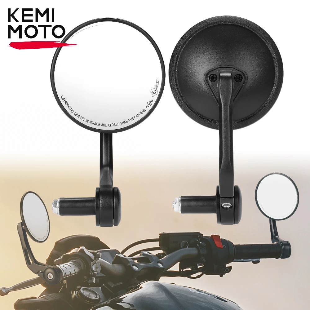 KEMIMOTO Motorcycle Handlebar End Mirror Universal Round Adjustable CNC Aluminium Rearview Mirrors M8 M6 Moto Mirror Accessories