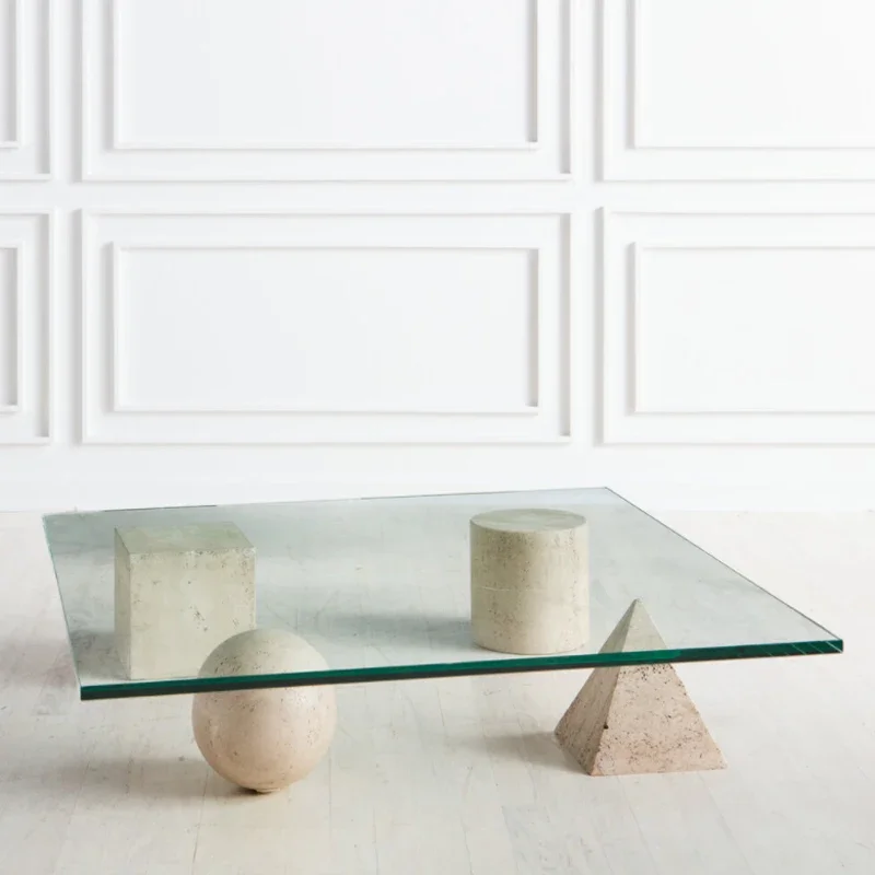 Nordic ins personalized natural marble travertine coffee table, light luxury living room clear glass square tea table