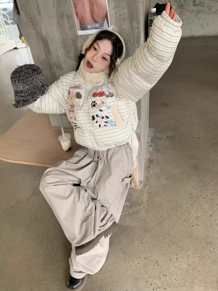 Parka con stampa cartoon preppy donna inverno vintage a righe Kawaii cappotti caldi gonfi colletto alla coreana retrò americano capispalla streetwear