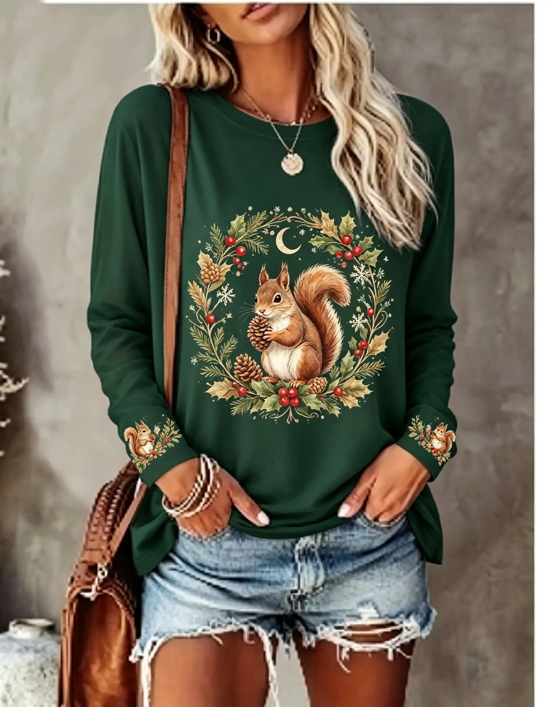 Women Long Sleeve T‑Shirt Christmas Vintage Witchy Holly Berry Mushroom Moon Snowflake Print Crew Neck Casual Winter Tops