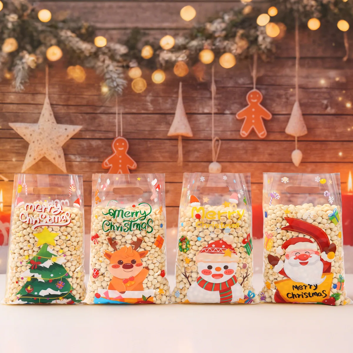 10/25/50pcs 크리스마스 투명 캔디 가방 크리스마스 장식 산타 엘크 선물 가방 Navidad 크리스마스 선물 가방 Cristmas 포장 가방