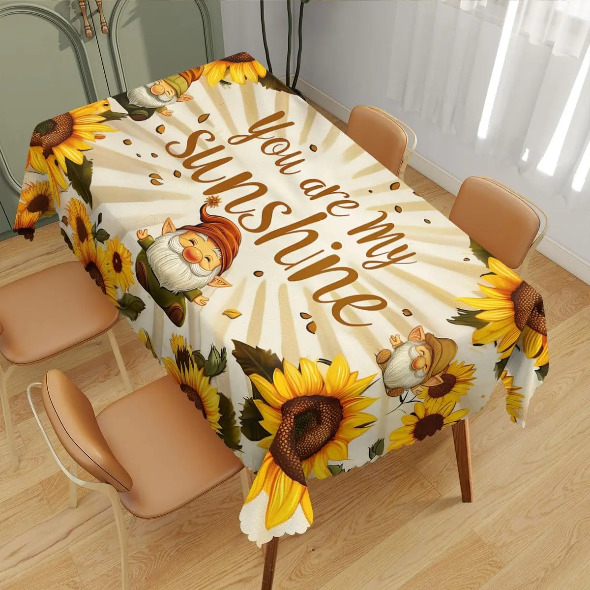 Cute Gnome Sunflower Sunshine Tablecloth, Premium Summer Botanical Style Table Cover for Cozy Kitchen Picnic Dining