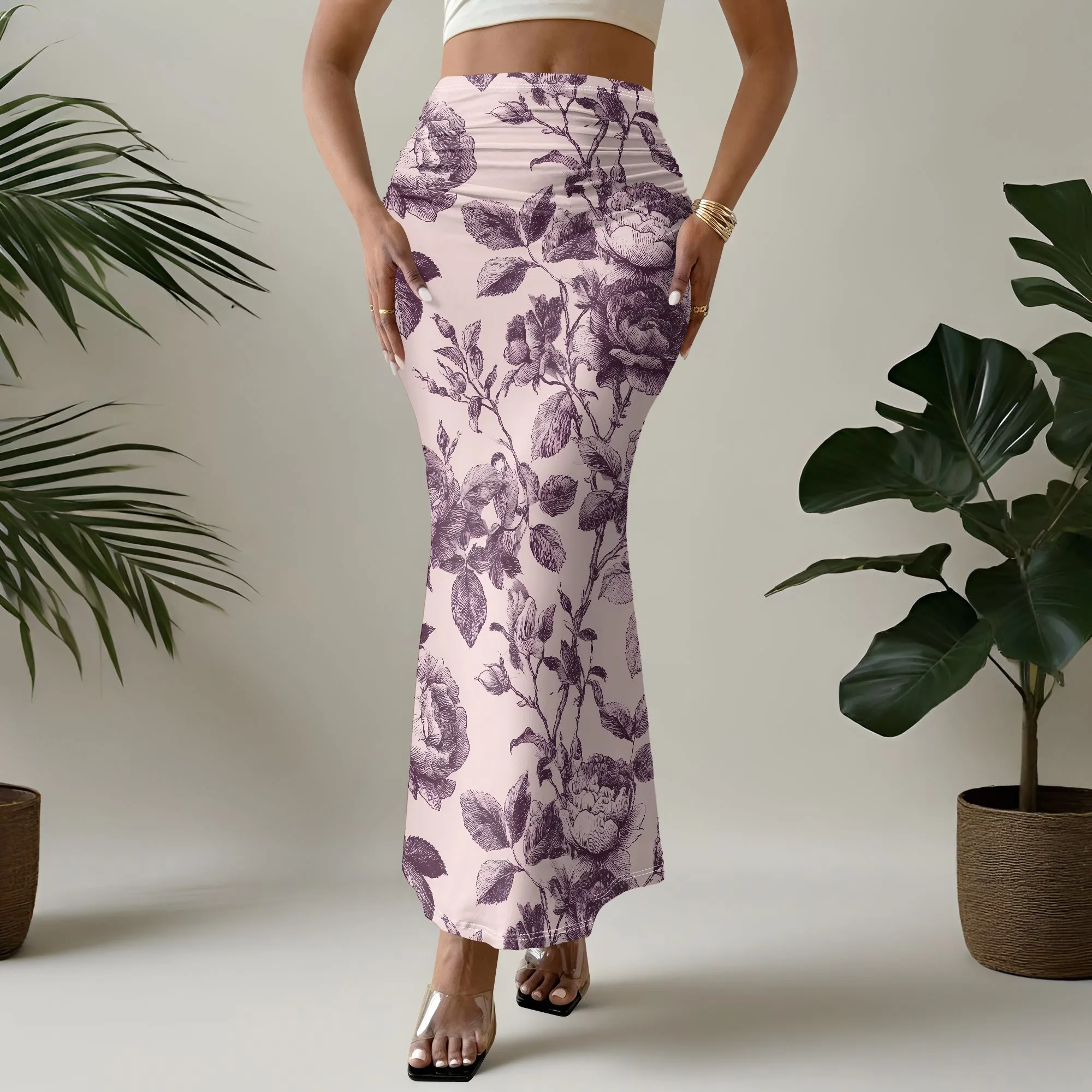 Floral Mermaid Skirt, Purple Rose Print, High Waist Ruched, Stretchy Bodycon, Elegant Party Clubwear, S-2XL