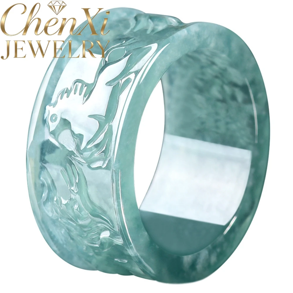 Natural Blue Water Grade A Jadeite Dragon Horse Carved Thumb Ring Matching Couple Wide Finger Ring Daily Wear Fine Jewelry Gift