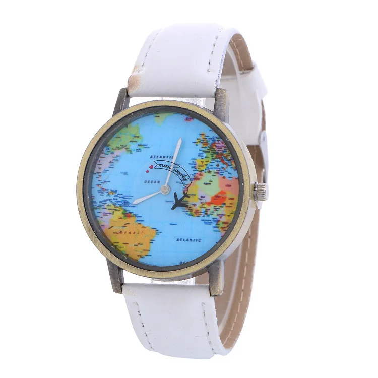 Fashion Quartz Watch Men Unisex Map Airplane Travel Around The World Women Leather Dress Hot Sale Mini World  Watch for Women