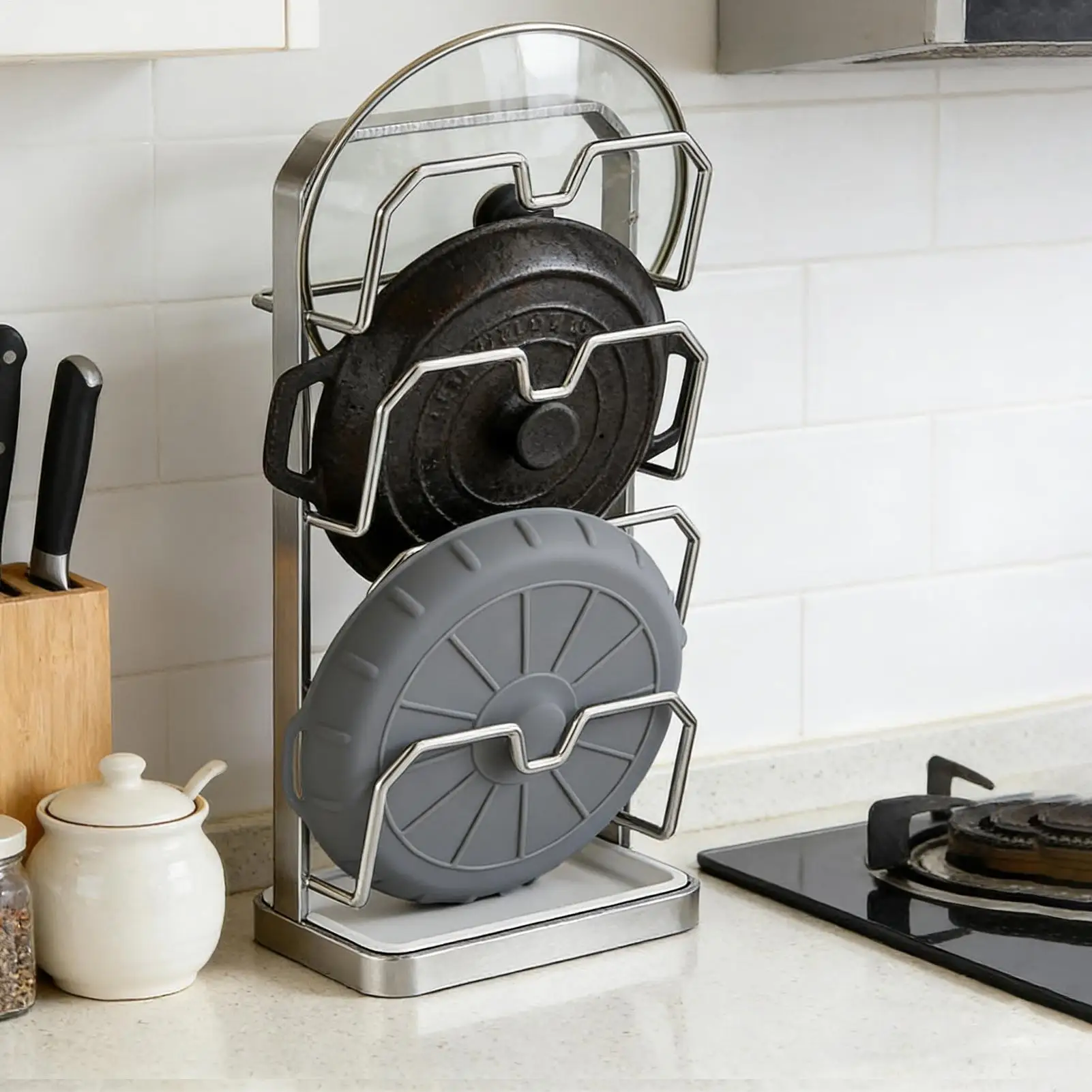 

Органайзер с крышкой кастрюли, подставка с крышкой для кастрюли, компактная стойка для кастрюли, верхняя стойка для кухонной столешницы, обеденный ресторанный шкаф, раковина, кладовая, дома