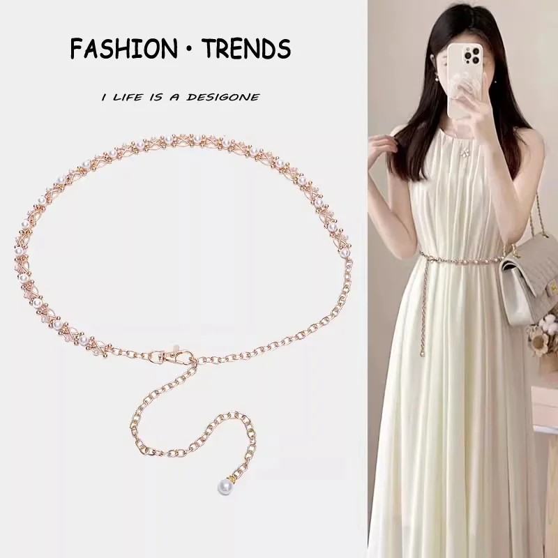 

Pearl Belt Women's Skirt Korean Versatile Sweet Decorative Thin Waist Chain Metal Chain Sweater Dress Accessories