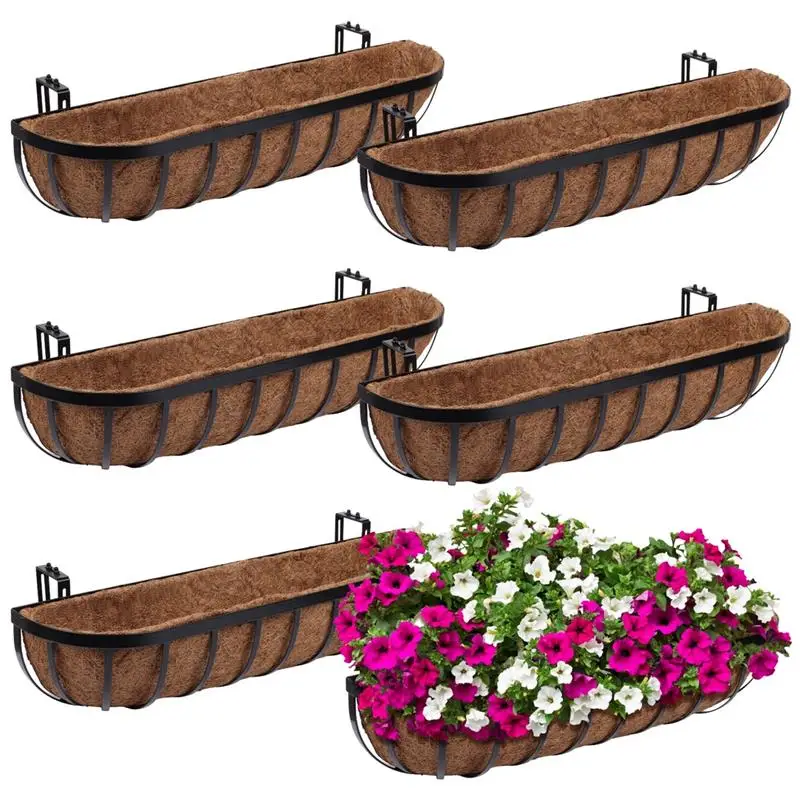 

6Pcs Window Deck Railing Planters Boxes With Coconut Liner Window Planter Basket For Outdoor Fence Porch Lawn Hanging Flower