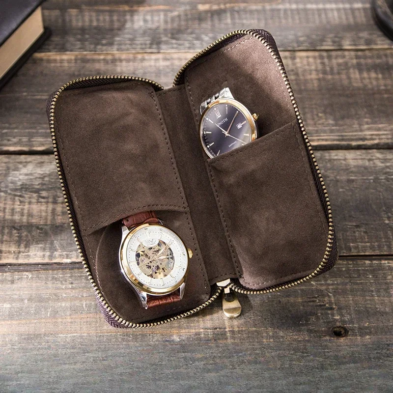 

Vintage 2pcs Watch Storage Case 2 Slots Cow Leather Watch Case Box 2-Watch Zipper Travel Pouch Organizer