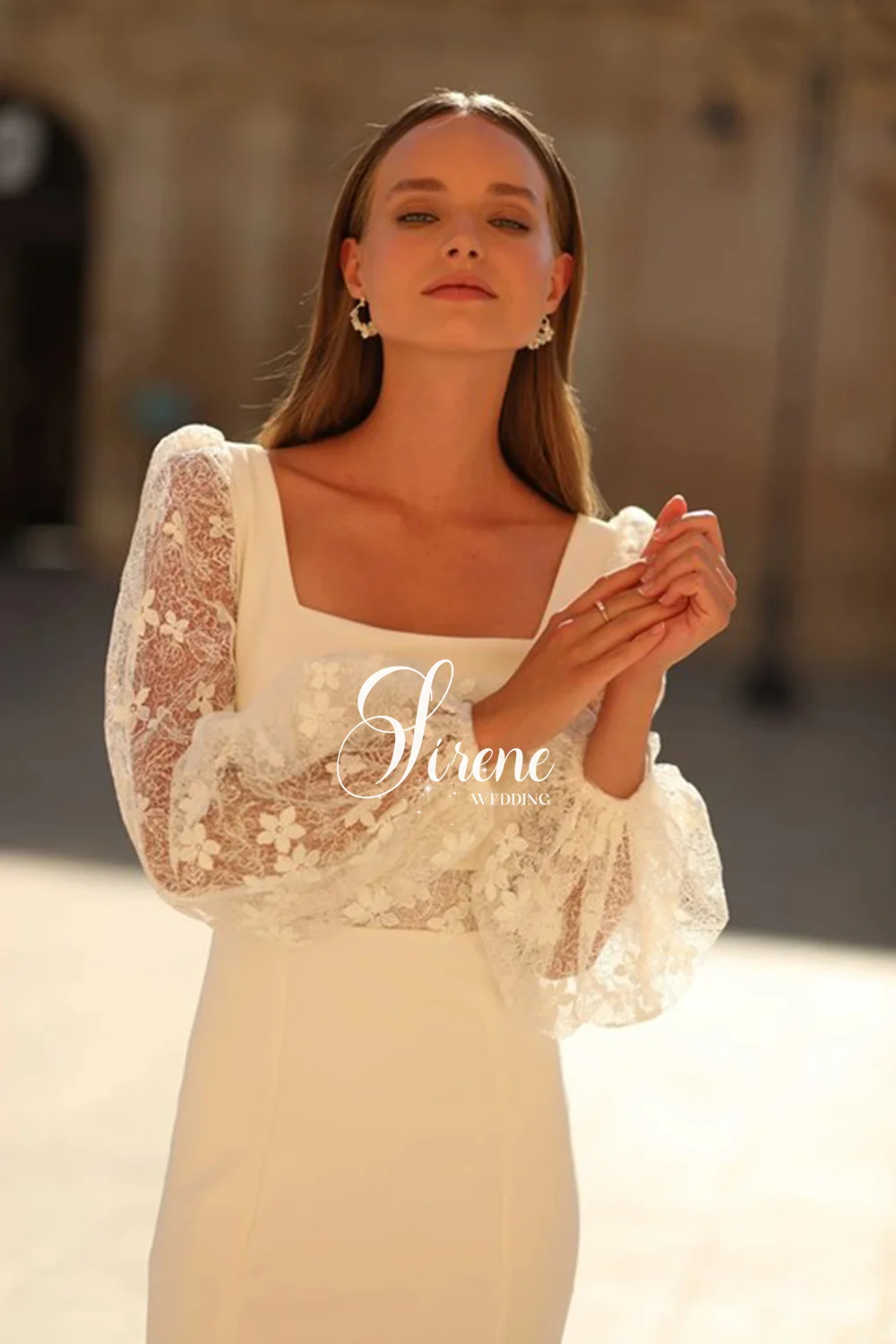 Sirene Elegant Square Collar Sheath Wedding Dresses Long Lantern Sleeves Lace Appliques Modern Bride Gowns Spandex Sweep Train