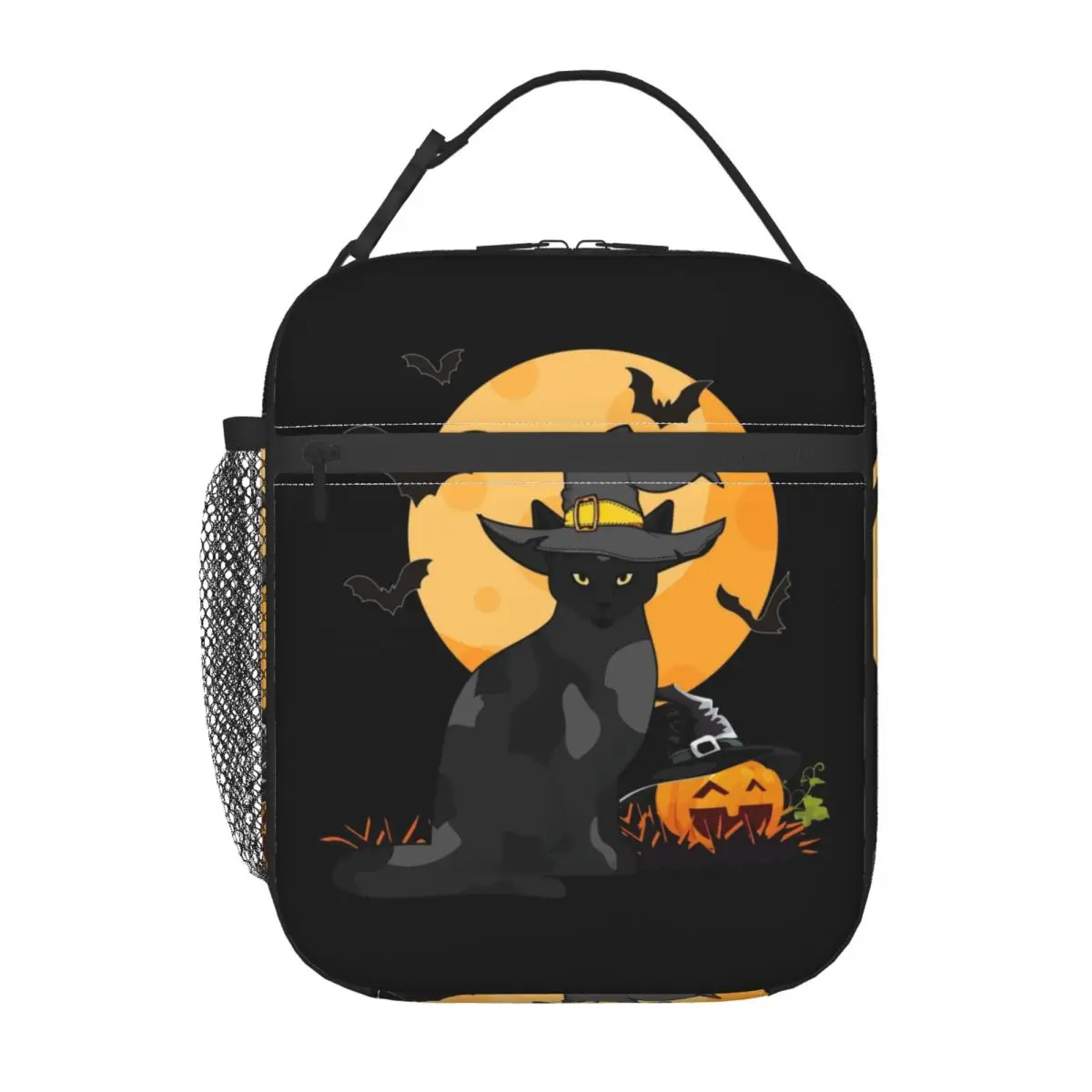 Bolsa de almuerzo de calabaza de Halloween de gato negro personalizada, fiambrera con aislamiento térmico más fresco para mujeres y niños escolares