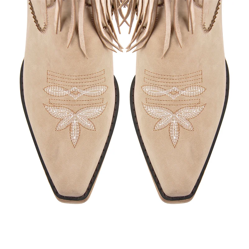 Onlymaker Women Pointed Toe Retro Fringe Pull On Western Cowgirl Boots Fringed Chunky Heel Embroidery Cowboy Boots