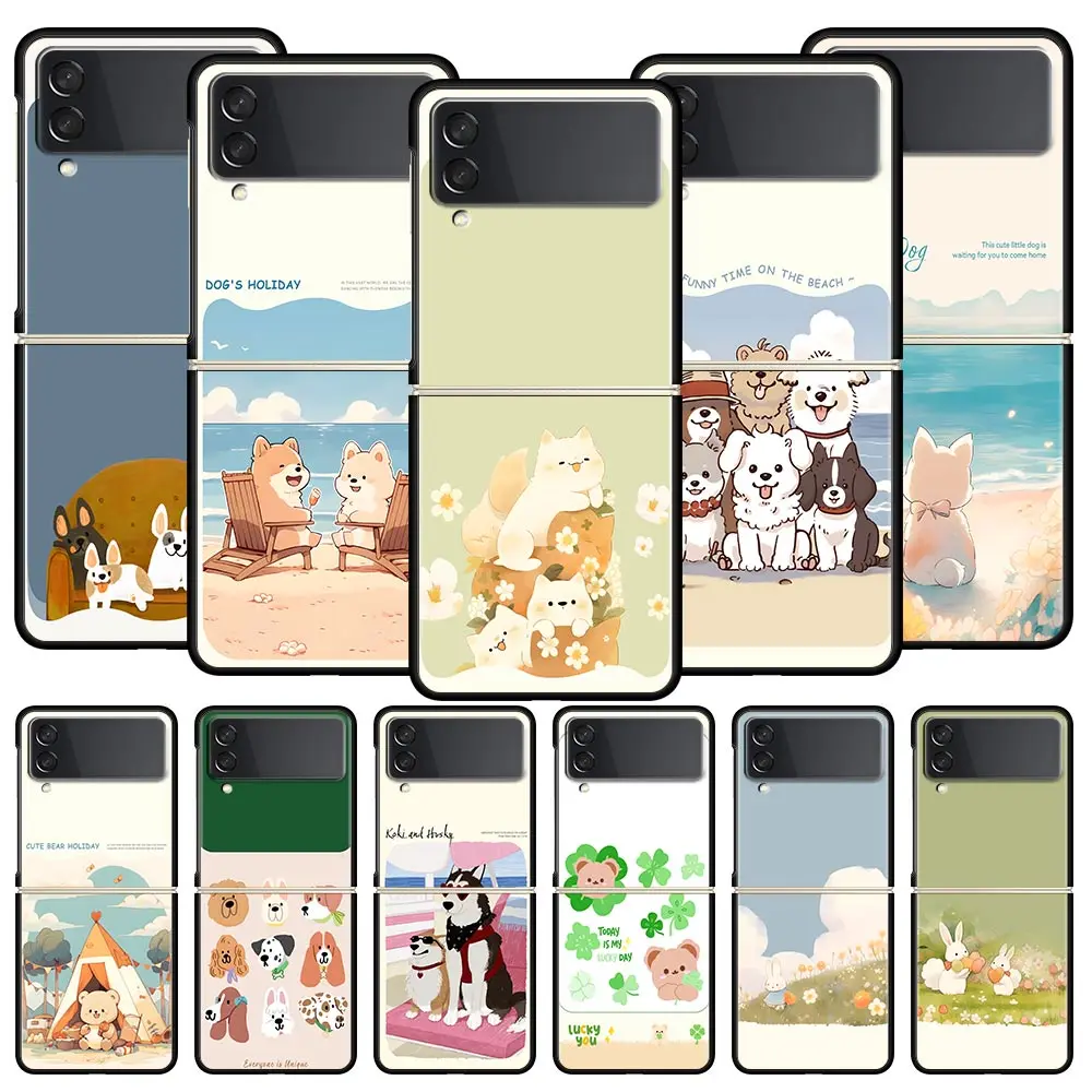 Cute Cartoon Dog Seaside Rabbit Phone Case For Samsung Galaxy Z Flip3 Flip4 Flip5 Case For Z Flip 3 4 5 6 7 Hard Folding Cover