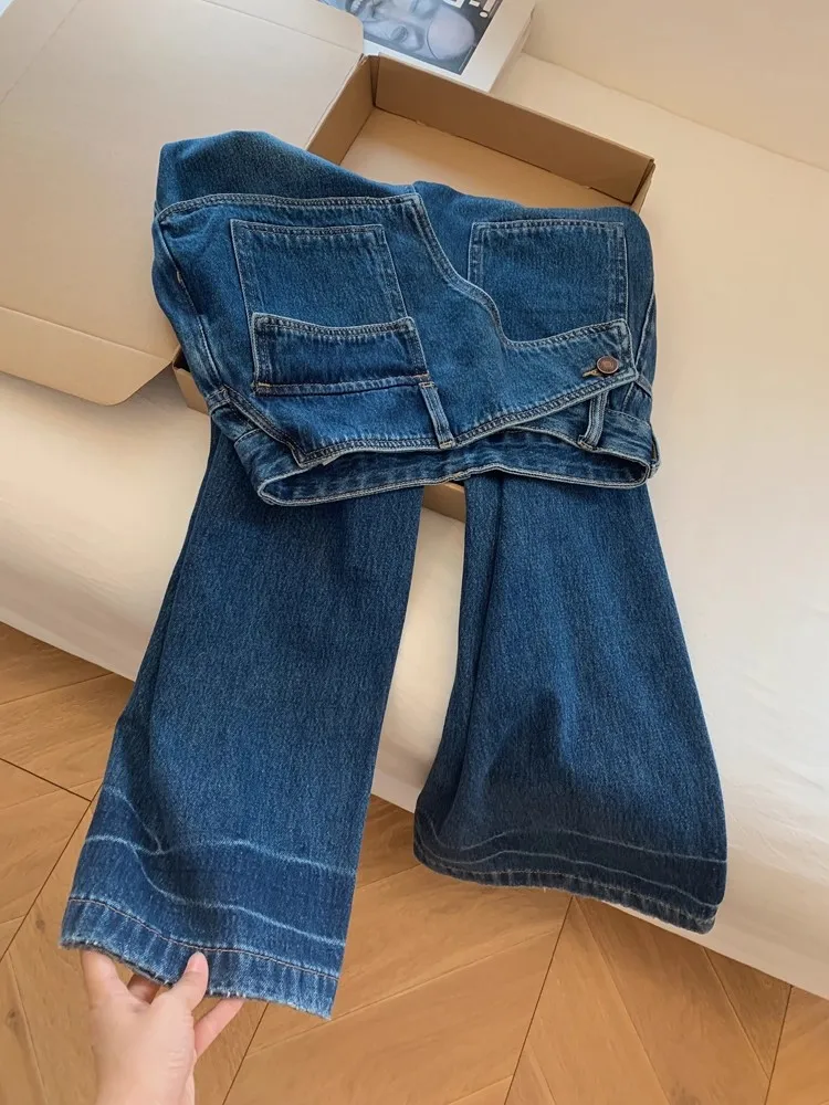 

Женские синие ложные джинсы из двух предметов, уличные джинсовые брюки с прямыми штанинами, американские повседневные модные осенние свободные брюки