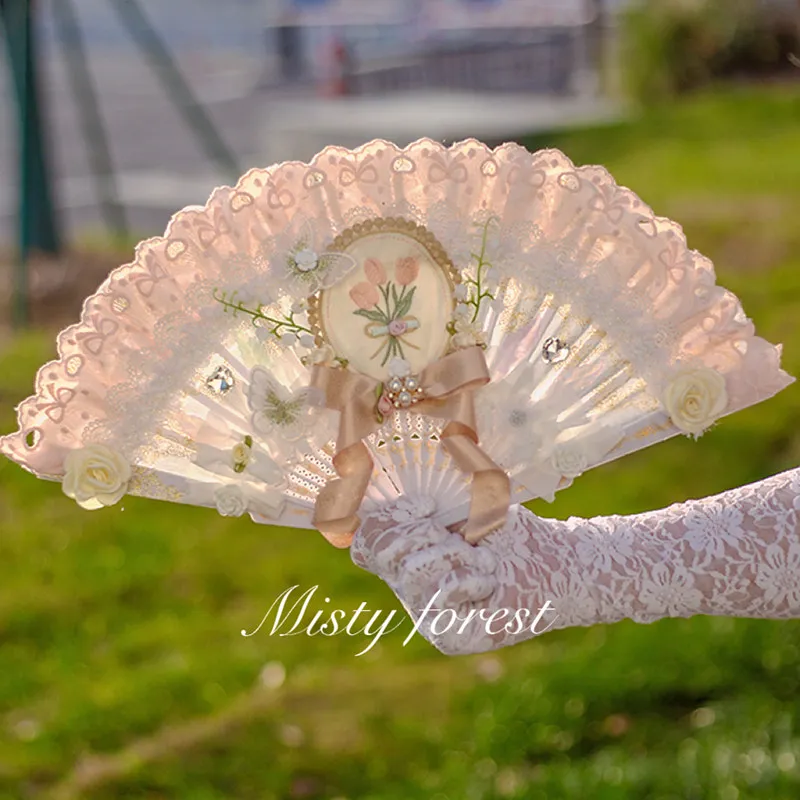 Elegant Mori‑Style Lolita Hand Fan Pastoral Aesthetic Shooting Prop Delicate Girlish Accessory for Photoshoot Decorative Fans