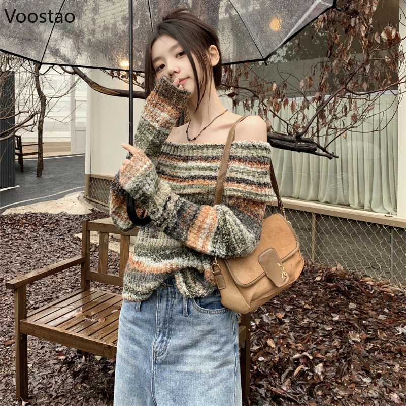 Y2k Aesthetic Off Shoulder Knitted Pullover Women Vintage Chic Striped Slash Neck Slim Sweater Sexy Elegant Lady Jumpers Tops