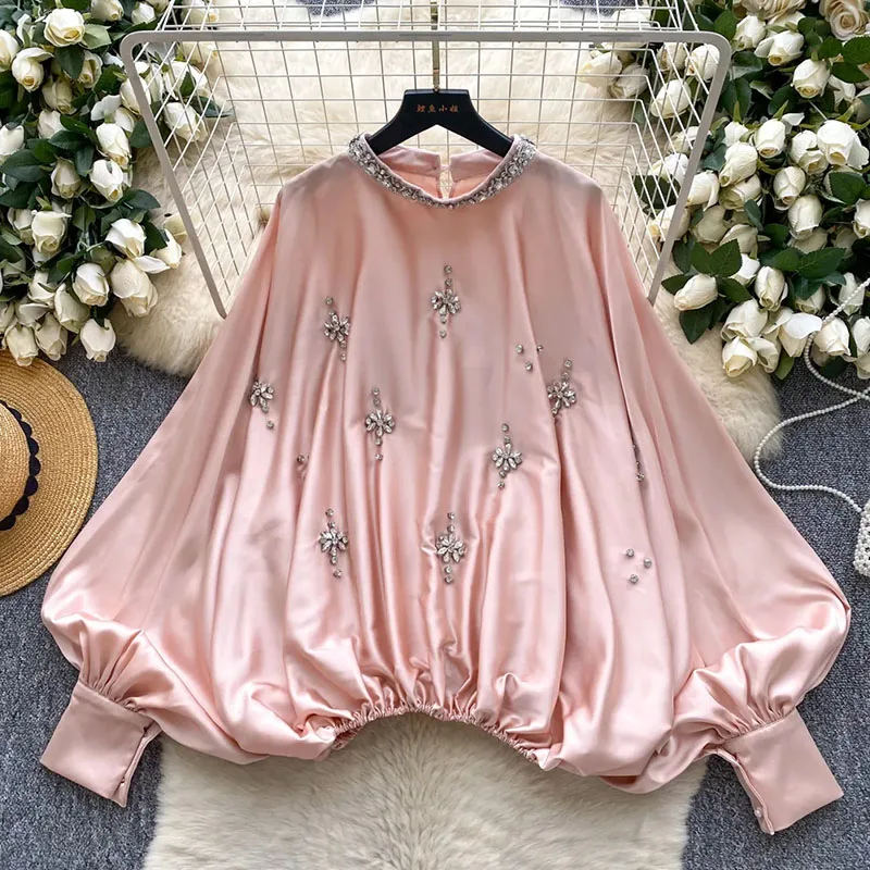 Diamonds Beading Satin Shirt Batwing Sleeves Stretchy Waist O Neck Aesthetic Blouse Feamle Senior Glamorous Gala Top