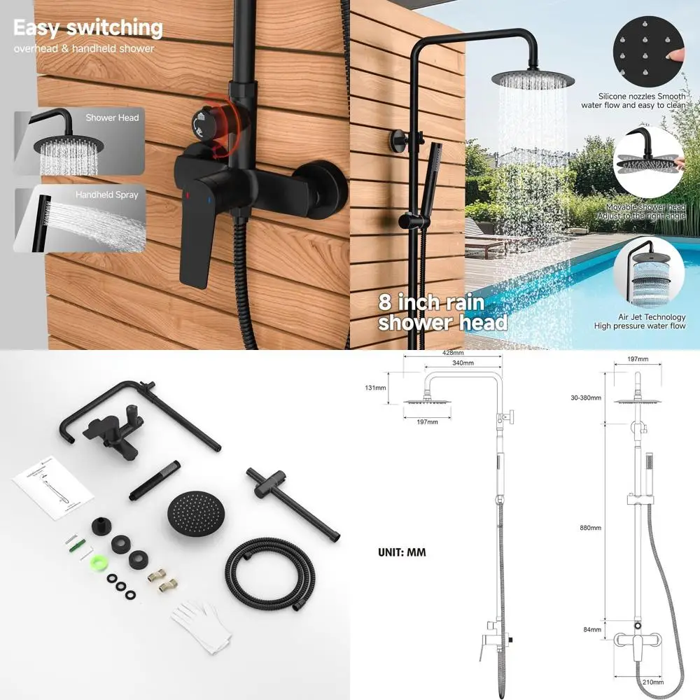 

Matte Black Outdoor Shower Kit with Single Handle Brass Valve, 8 Rain Shower Head, and Handheld Spray Combo, 304 Stainless Steel