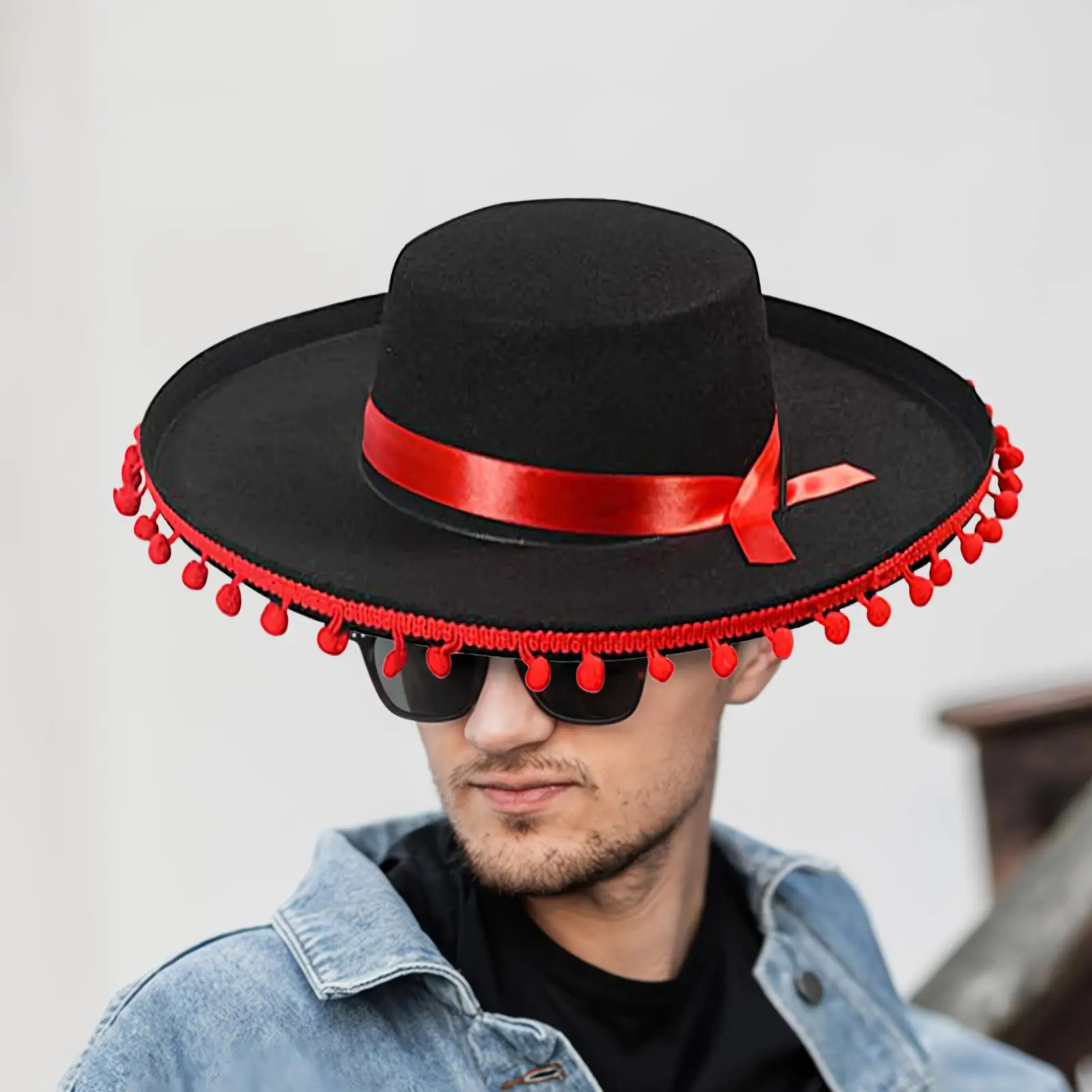 Sombrero Mexicano con Pompones, Sombrero Mexicano de Ala Ancha, Sombreros de Flamenco para Fiestas, para Mujeres y Hombres, para Eventos al Aire Libre, Mascarada, Hogar