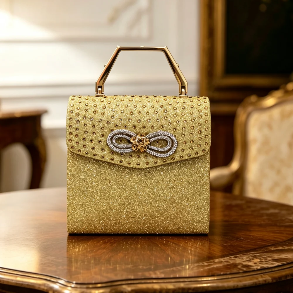 Luxuriöse Designer-Abendtasche für Damen mit Schleife, Wasserdiamanten und Kristallen – Modische Diamant-Handtasche für Partys – Detail 7