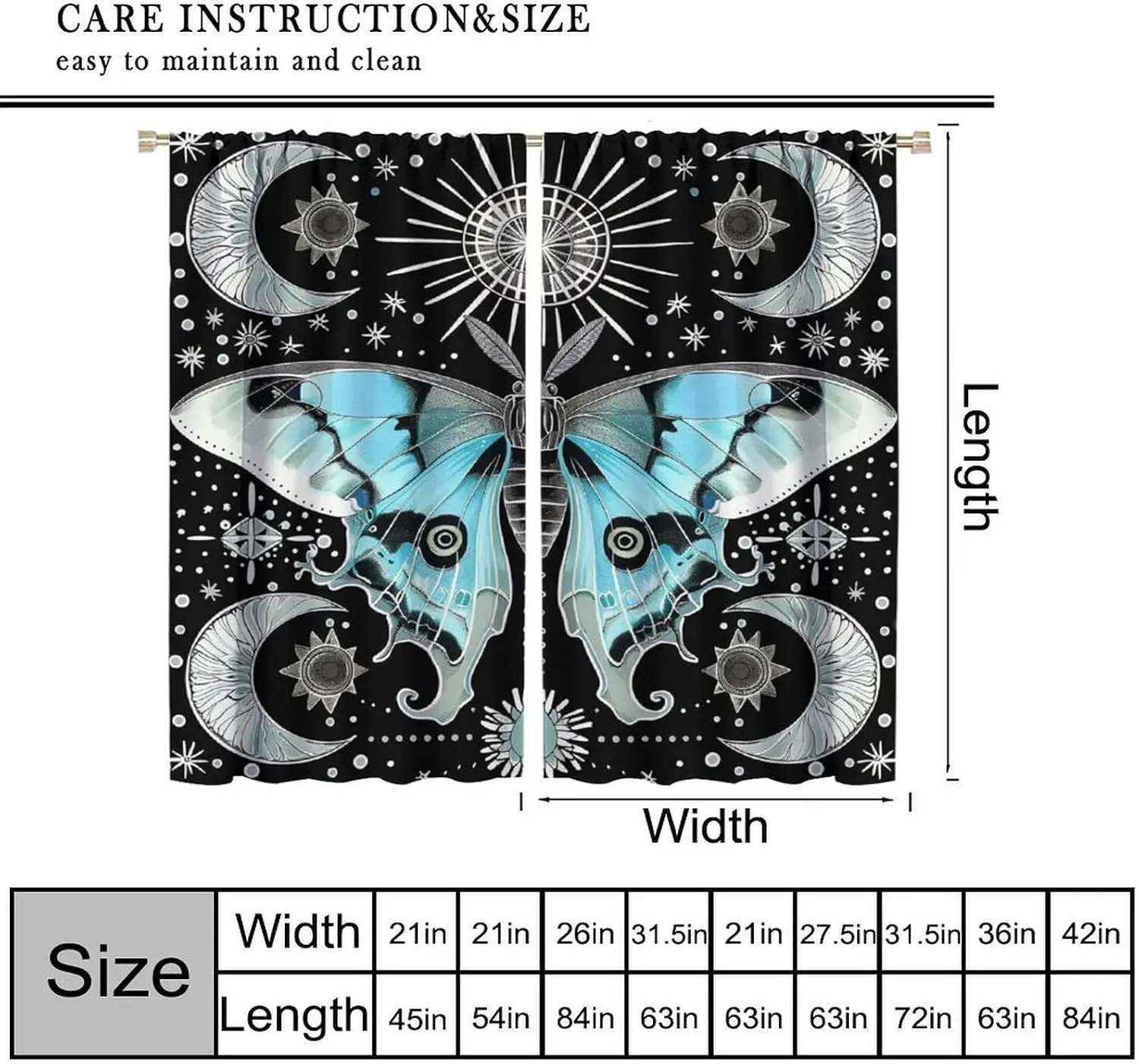 Boho Mystic Curtain Large Blue Luna Moth Sun Crescent Moon Star Vintage Line Print Light Blocking Drape For Villa Dorm Cottage