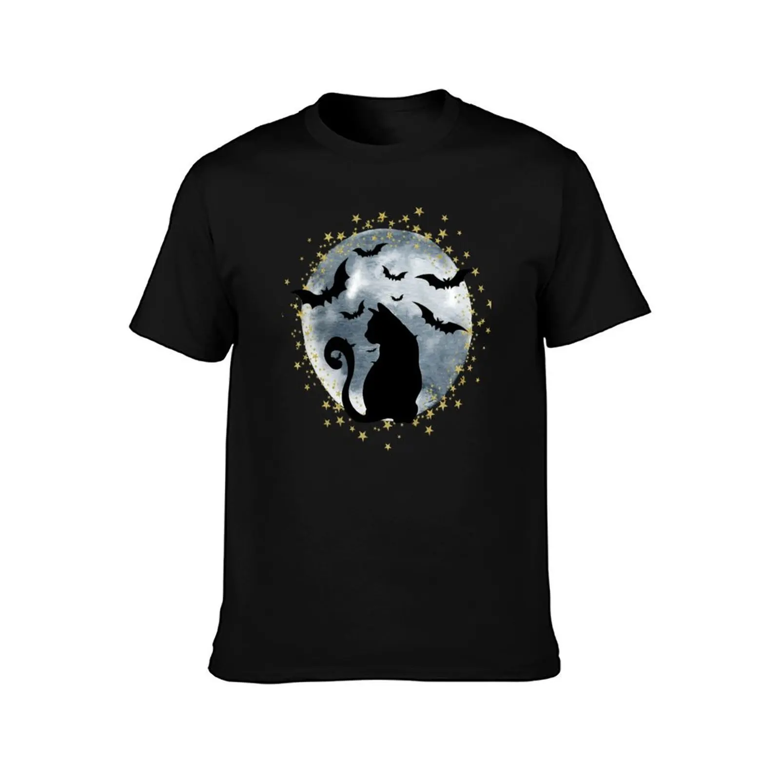Stunning Black Cat and Bats against the Full Moon with Golden Stars graphic T-Shirt Summer Casual Cotton Tee Unisex Men Women