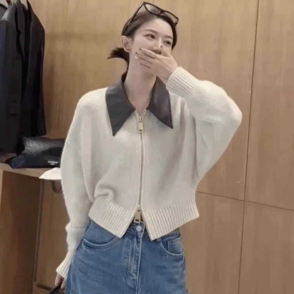 

Кожаный воротник, молния спереди, свитер, кардиган, швейный узор, свитер с откидным воротником и длинными рукавами, вязаный крючком топ в корейском стиле