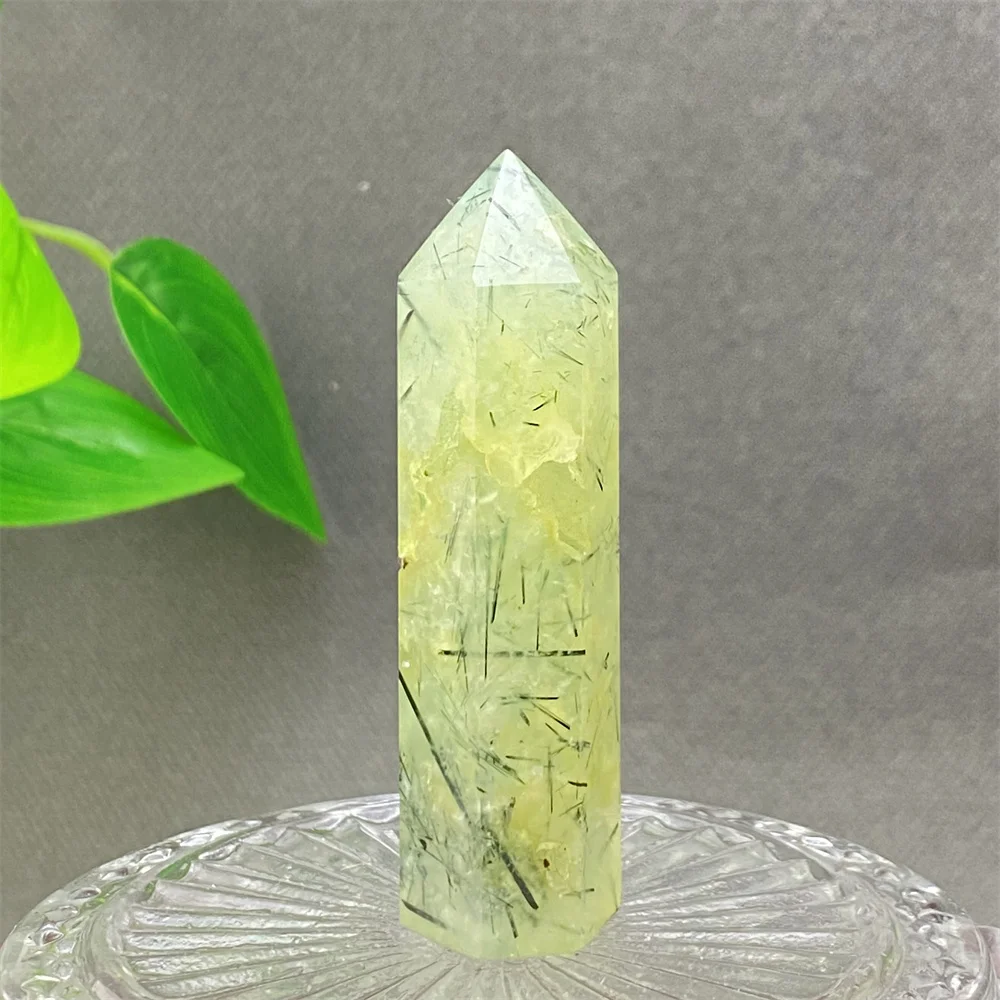 1PC Natural Green Grape Black Hair Crystal Tower Crystal Obelisk for Meditation Chakra Home Decor Magic Gemstone