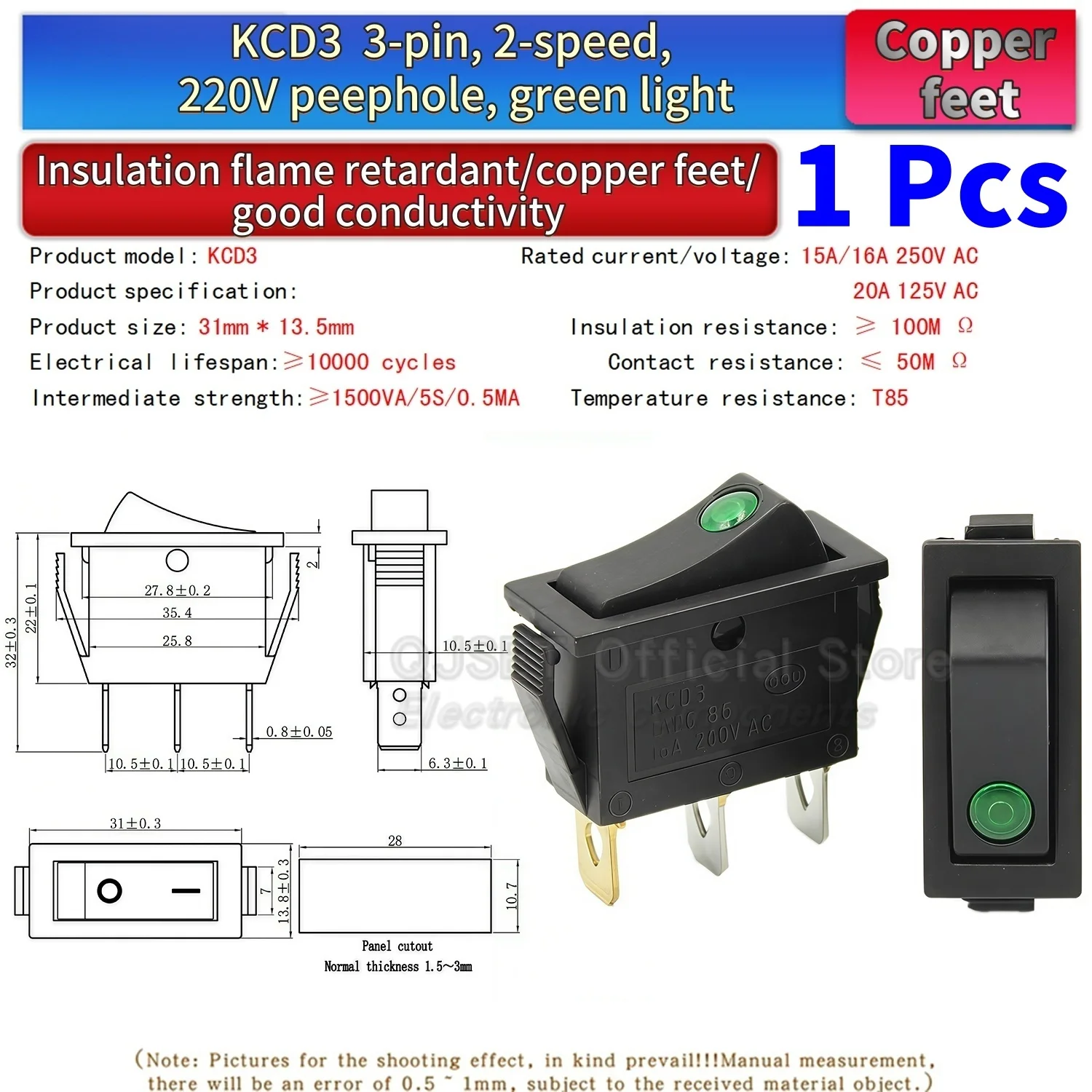 1 Stück KCD3 Wippschalter EIN-AUS-EIN 2 3 Positionen 2 3 Pins Elektrische Ausrüstung Mit Lichtschalter 15A16A 250V/220V 20A 125V AC – Detail 18