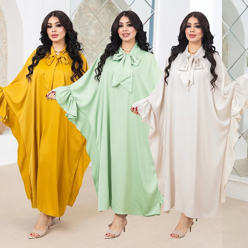 

Eid Mubarak Muslim Long Dress Women Bat Sleeve Bow Caftan Abaya Loose Robe Party Abayas Ramadan Kaftan Caftan Jalabiya Vestidos