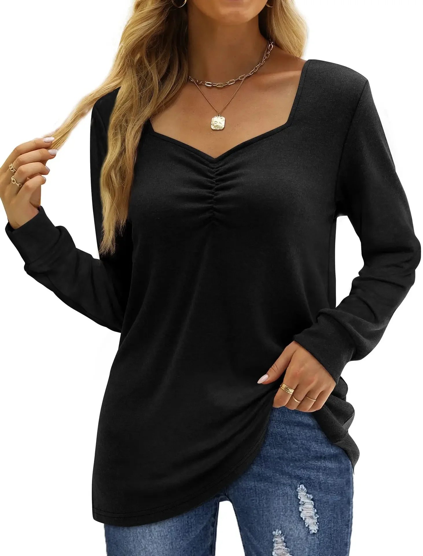 

Autumn and Winter New European and American Women's Chest Ruffled Solid Color Long-Sleeved Bottoming Shirt