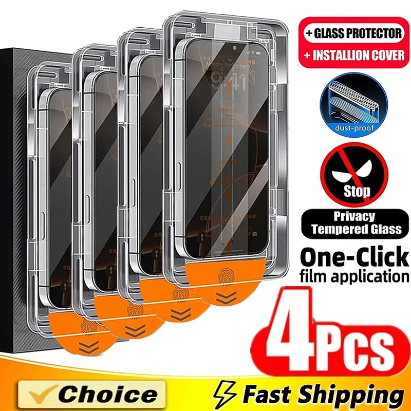 

4Pcs Dust Free Installation Privacy Screen Protector for IPhone 17 14 11 12 13 15 16 Pro Max 7 8 Plus Mini XR XS Anti-spy Glass