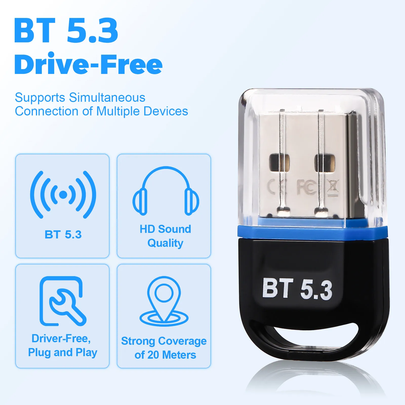 Usb Adapter Audio Transmitter Receiver Wireless 5.3 For Pc Laptop Long Range 20M Enhanced Compatibility Steady Transmission