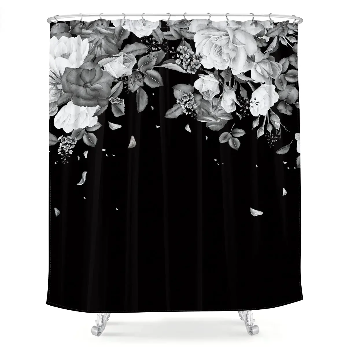 Black Flower Bathroom Shower Curtain,Modern Decor Cloth Rose Shower Curtain Black＆White,Unique Floral Art Design Bath Curtains