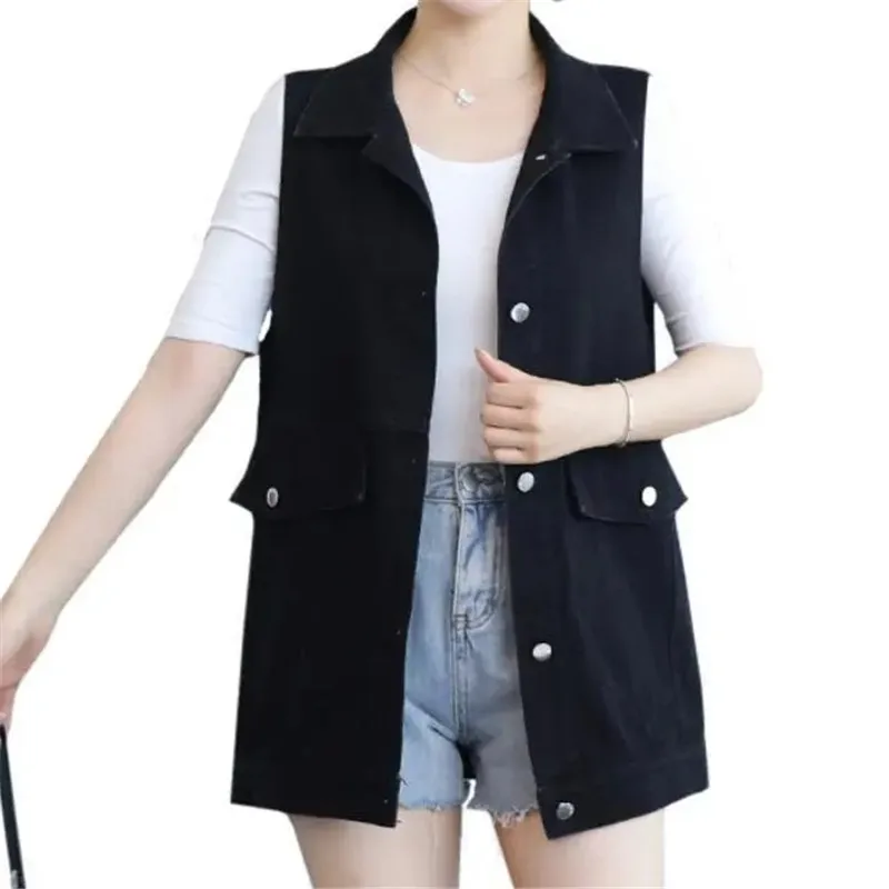 Single breasted Women\'s Denim Vest Jacket 2025 Spring New Korean Loose Sleeveless Jeans Outwear Casual Female Waistcoats Tops