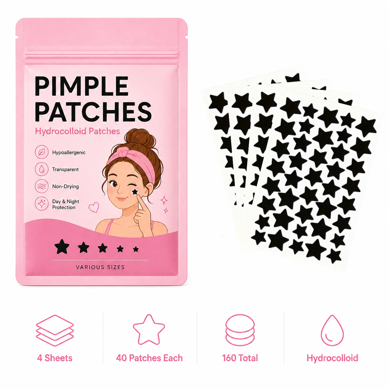 160 Count Black Star Patches, for Facial Coverage, Conceals, Blocks Dust, Powder-Proof, Sweat-Proof, for Decoration, Photos