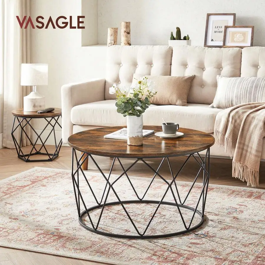 Round Coffee Table For Living Room, Cage Cocktail Table With Steel Frame, 31.5 Inches Dia., Industrial Style