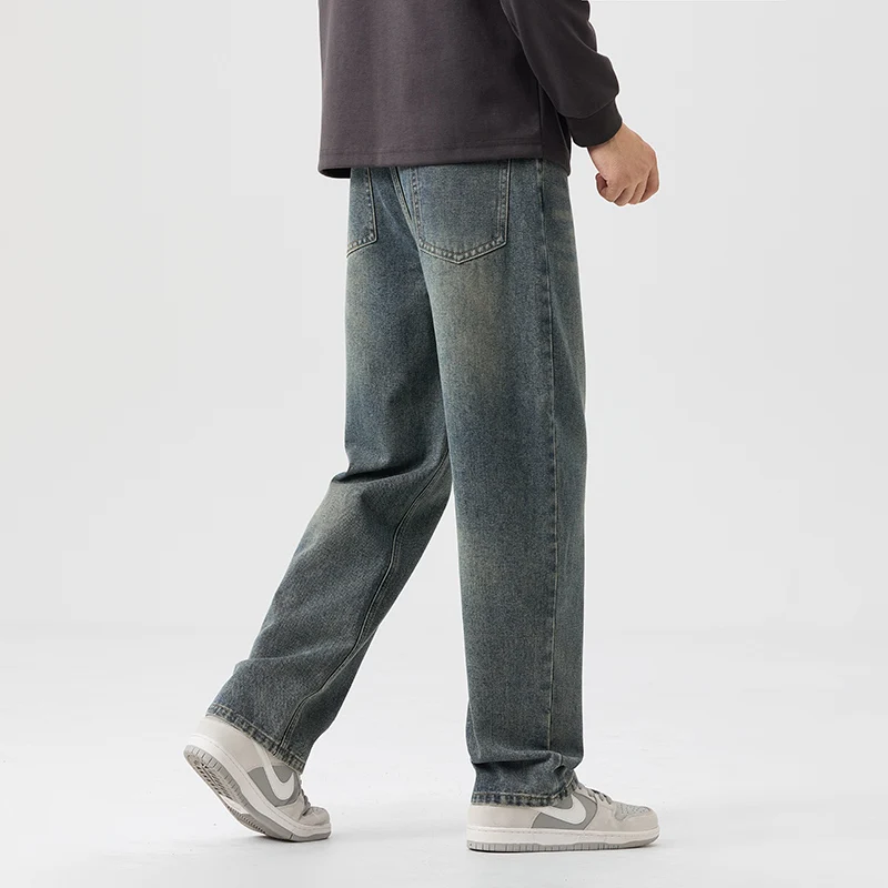 Heren retro-stijl losse pasvorm rechte pijpen wijde pijpen jeans 2025, herfst winter trendy vintage casual lange broek plus maat 38