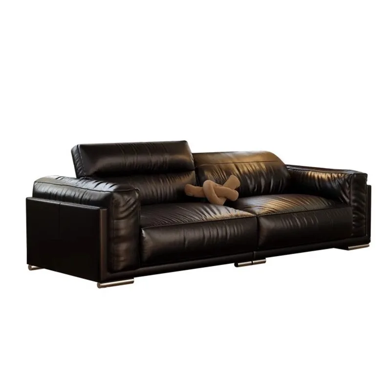 Sofa American medieval style, black retro Bauhaus oil wax first layer cowhide straight row sofa
