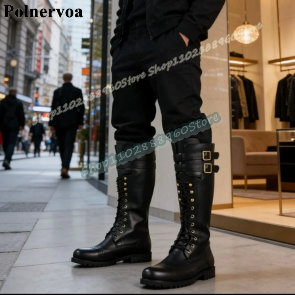 

Stylish Knee High Brown Leather Buckle Strap Knight Men Boots Flats Shoes For Men Cross Tied Fashionable Catwalk 2026 Men Boots