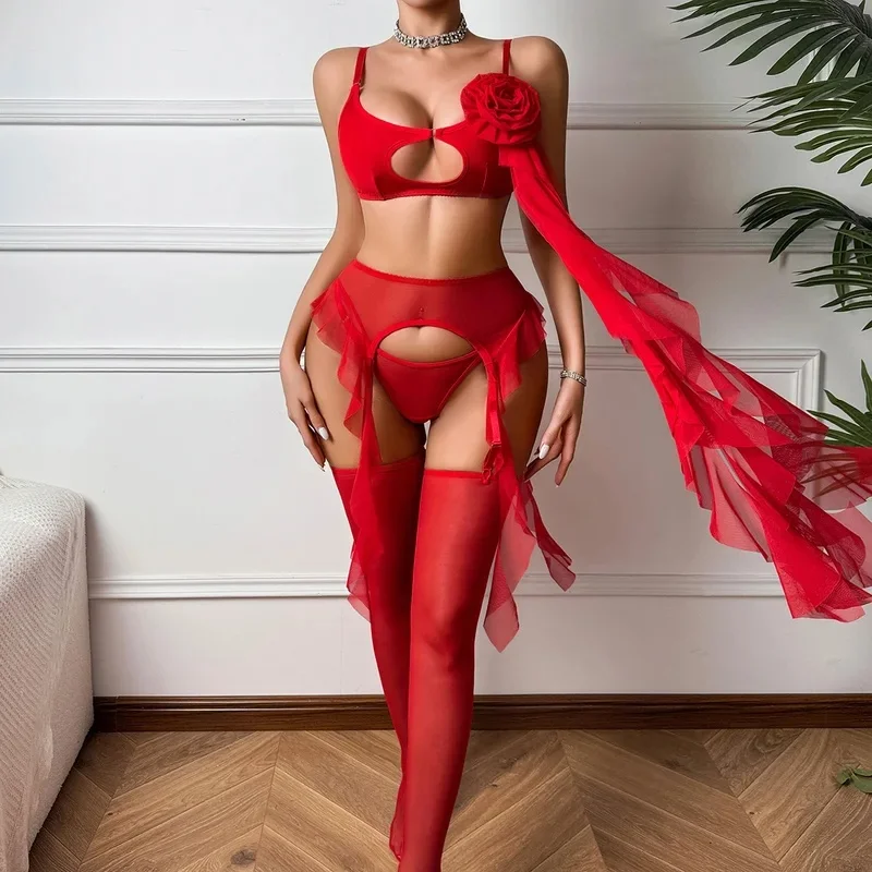 Sexy Red Rose Decoration See Through Mesh Lingerie Set Women's Ruffle Edge Ribbon Shaping Split Set Female Hollow Out Underwear